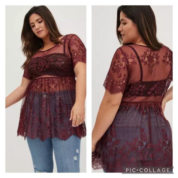 Torrid Burgundy Babydoll Sheer Lace Top Plus Size 0X - Picture 1 of 6